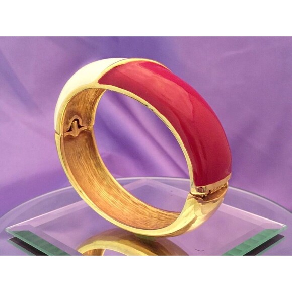 Vintage Bracelet Earring Set Red & Cream Enamel Gold Tone 9I - Picture 5 of 12